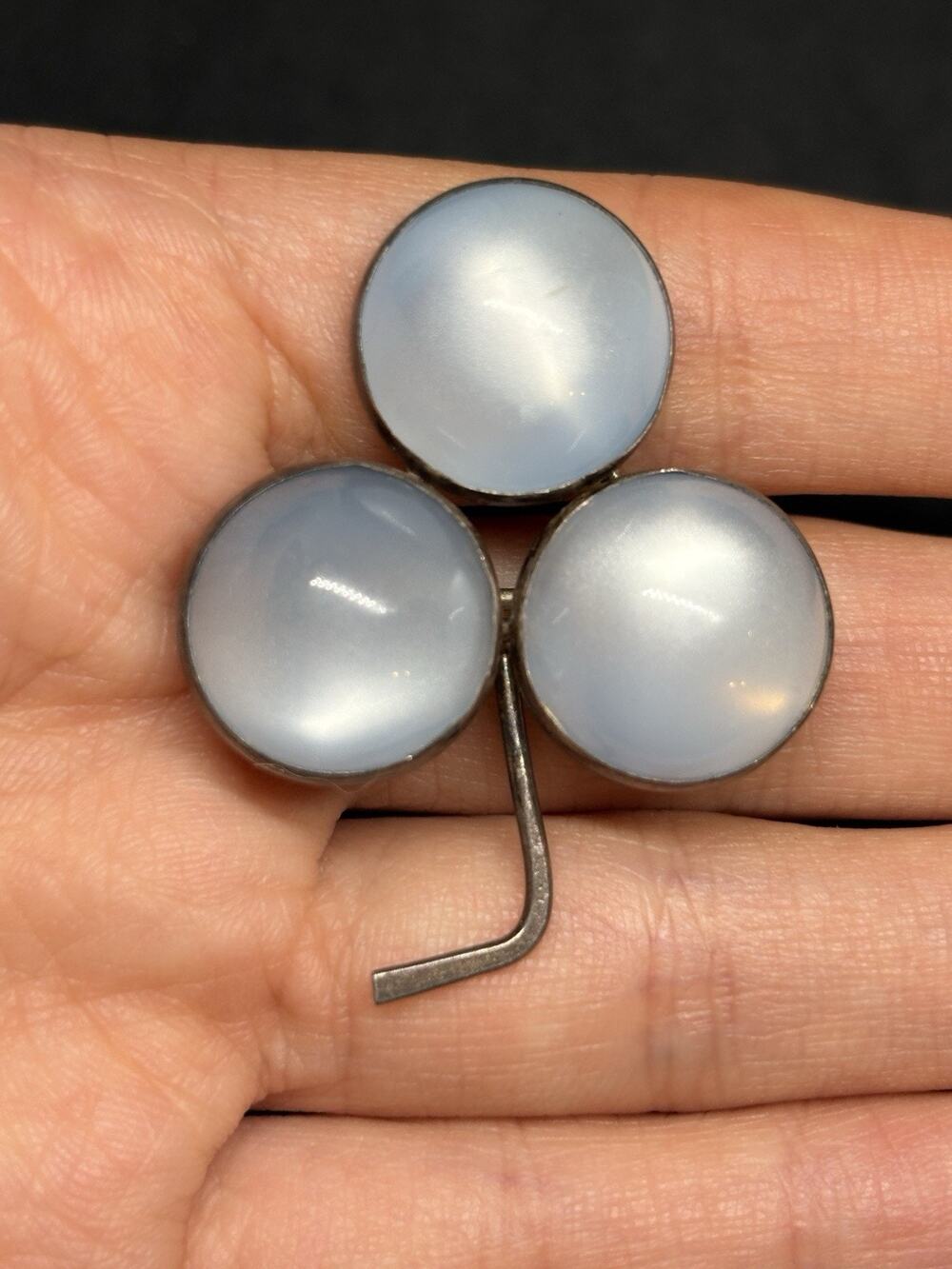 Vintage Victorian Sterling Silver Faux Moonstone Lucite Clover Brooch Pin